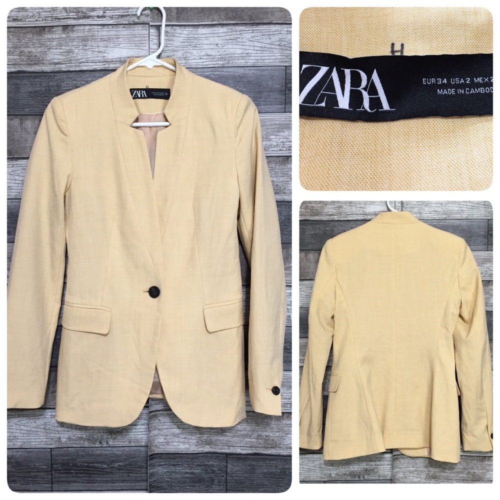 Zara Blazer Jacket Women’s 2 Yellow One Button Polyester Blend